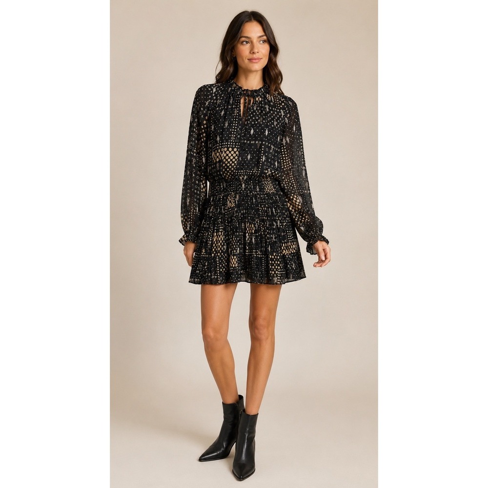 Current Air Celestial Mini Dress Women Small Black Smocked Metallic Whimsigoth